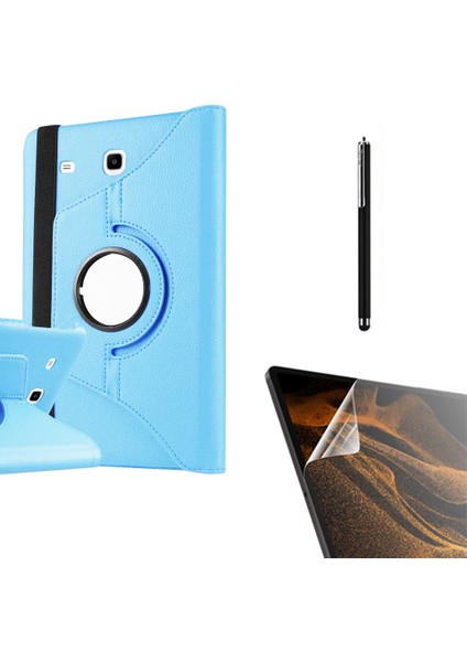 Samsung Galaxy Tab E T560 9.6 Uyumlu Kılıf Kapaklı Standlı 360 Dönebilen Koruma DN22 + Nano + Kalem Mavi