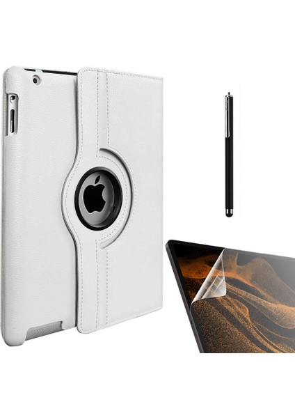 Apple iPad 9.7 2017 Uyumlu Kılıf Kapaklı Standlı 360 Dönebilen Koruma DN22 + Nano + Kalem Beyaz