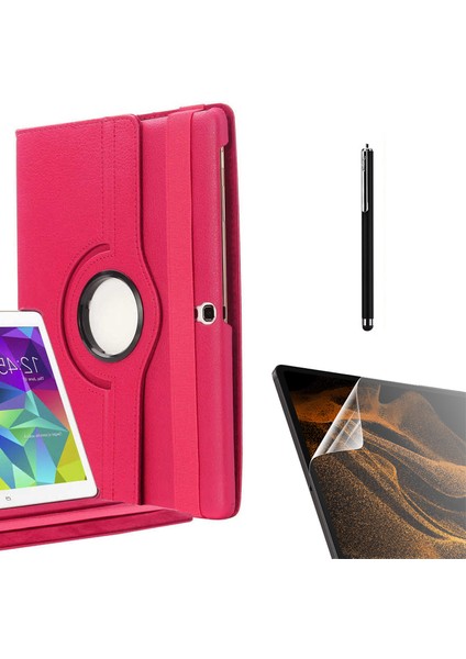 Samsung Galaxy Tab 4 10.1 T530 Uyumlu Kılıf Kapaklı Standlı 360 Dönebilen Koruma DN22 + Nano + Kalem Pembe Koyu