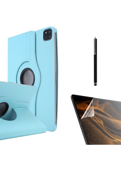 Apple iPad Pro 12.9 2022 M2 Uyumlu Kılıf Kapaklı Standlı 360 Dönebilen Koruma DN33 + Nano + Kalem Mavi