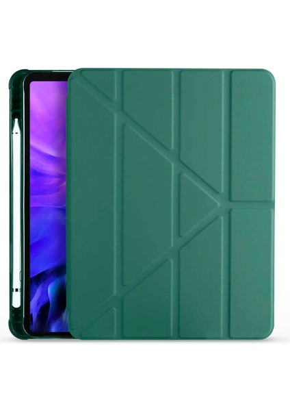 Apple iPad Air 10.9 2020 4.nesil Uyumlu Kılıf Standlı Katlanabilir Pu Silikon Tf1 Koyu Yeşil