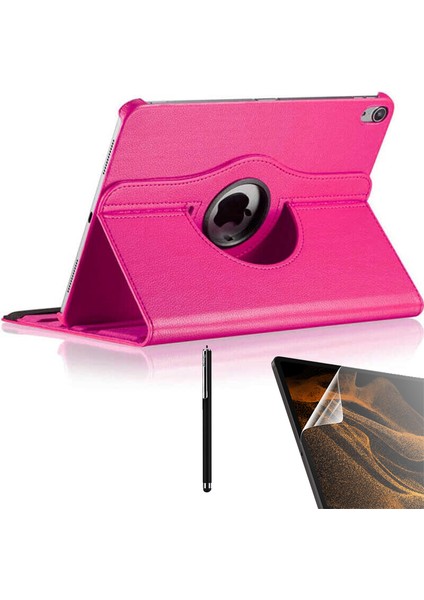 Apple iPad Pro 12.9 2018 3.nesil Uyumlu Kılıf Kapaklı Standlı 360 Dönebilen Koruma DN33 + Nano + Kalem Pembe Koyu