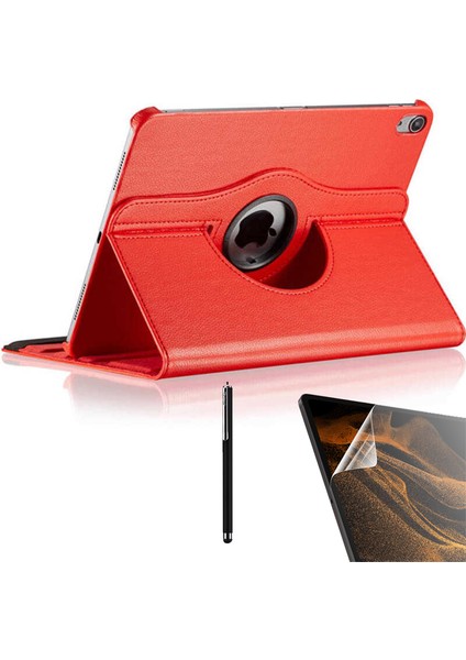 Apple iPad Pro 12.9 2018 3.nesil Uyumlu Kılıf Kapaklı Standlı 360 Dönebilen Koruma DN33 + Nano + Kalem Kırmızı