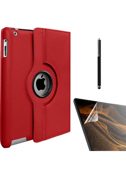 Apple iPad Mini 1 Kılıf Kapaklı Standlı 360 Dönebilen Koruma DN11 + Nano + Kalem Kırmızı