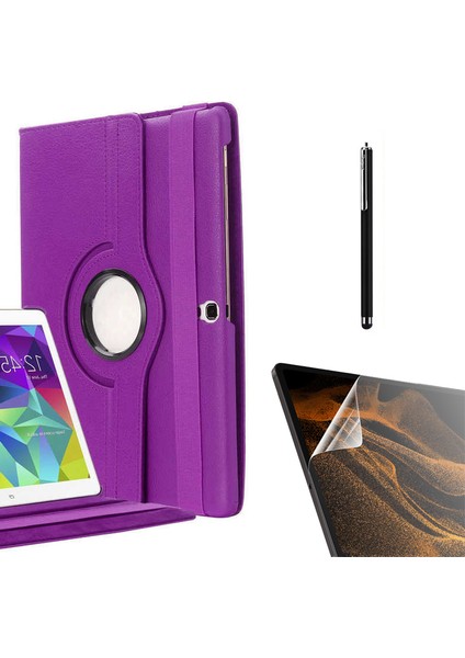 Samsung Galaxy Tab S3 9.7 T820 Uyumlu Kılıf Kapaklı Standlı 360 Dönebilen Koruma DN22 + Nano + Kalem Mor