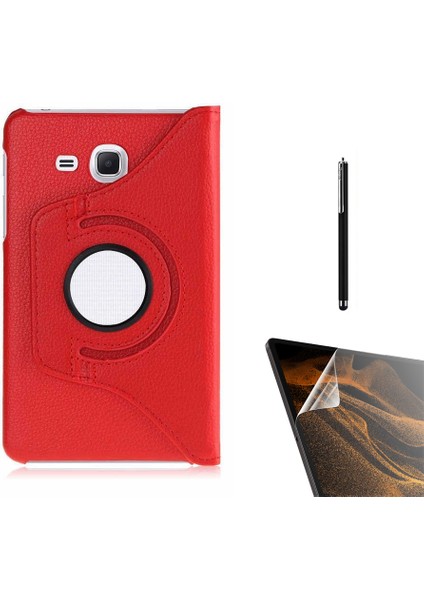 Samsung Galaxy Tab 4 T280 Kılıf Kapaklı Standlı 360 Dönebilen Koruma DN22 + Nano + Kalem Kırmızı