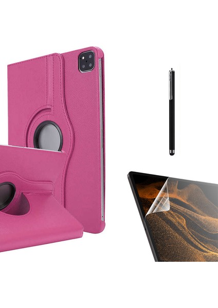 Apple iPad Pro 12.9 2022 M2 Uyumlu Kılıf Kapaklı Standlı 360 Dönebilen Koruma DN33 + Nano + Kalem Pembe