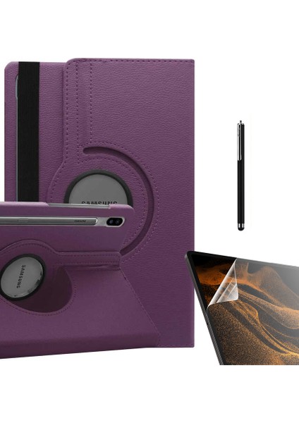 Samsung Galaxy Tab S8 Ultra Sm X900 Uyumlu Kılıf Kapaklı Standlı 360 Dönebilen Koruma DN33 + Nano + Kalem Mor