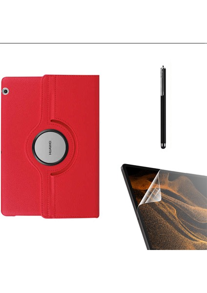 Huawei T3 10 Inç Uyumlu Kılıf Kapaklı Standlı 360 Dönebilen Koruma DN22 + Nano + Kalem Kırmızı
