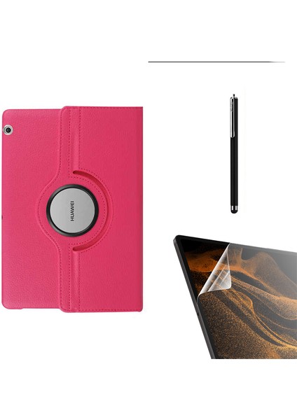 Huawei T3 10 Inç Uyumlu Kılıf Kapaklı Standlı 360 Dönebilen Koruma DN22 + Nano + Kalem Pembe Koyu