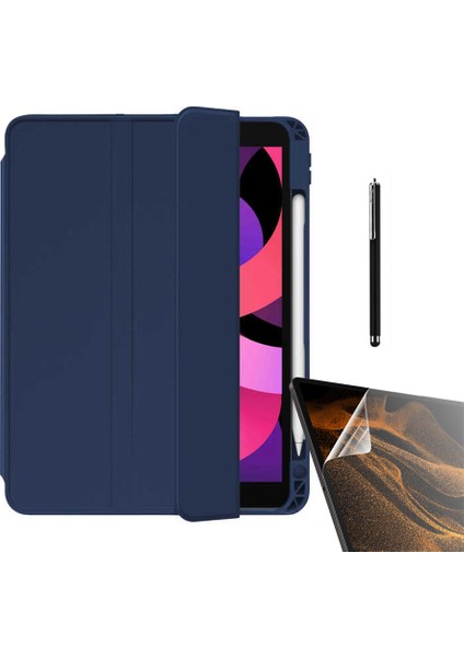 Apple iPad 10.2 2021 9.nesil Uyumlu Kılıf Kalem Bölmeli Arkası Şeffaf Standlı NT11 + Nano + Kalem Lacivert