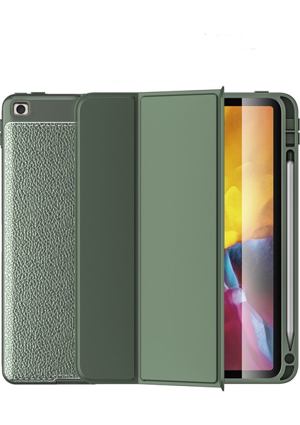 Apple iPad 10.2 2021 9.nesil Uyumlu Kılıf Deri Görünümlü Kapaklı Standlı Kalem Bölmeli W1 Koyu Yeşil