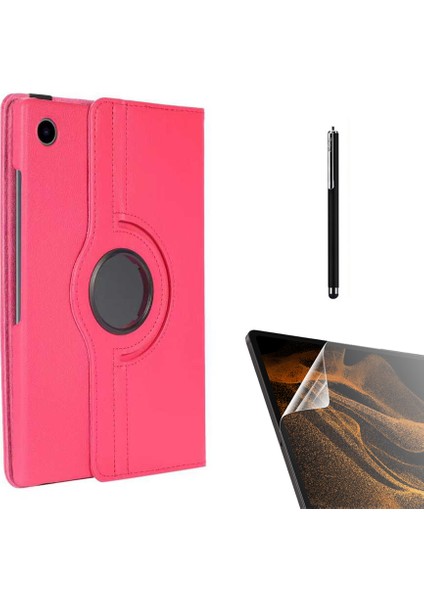 Samsung Galaxy Tab A8 10.5 Sm X200 2021 Uyumlu Kılıf Kapaklı Standlı 360 Dönebilen Koruma DN22 + Nano + Kalem Pembe Koyu
