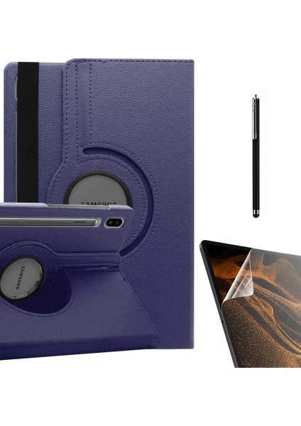 Samsung Galaxy Tab S7 Plus T970 Uyumlu Kılıf Kapaklı Standlı 360 Dönebilen Koruma DN22 + Nano + Kalem Lacivert