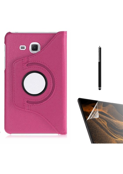 Samsung Galaxy Tab 4 T280 Uyumlu Kılıf Kapaklı Standlı 360 Dönebilen Koruma DN22 + Nano + Kalem Pembe Koyu