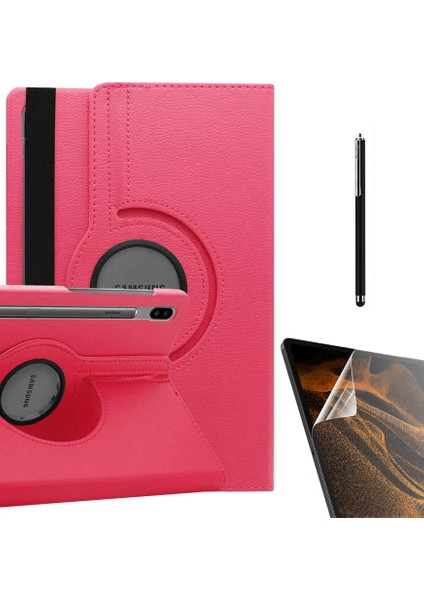Samsung Galaxy Tab S7 Fe T733 Uyumlu Kılıf Kapaklı Standlı 360 Dönebilen Koruma DN22 + Nano + Kalem Pembe Koyu