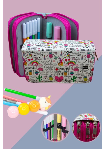 Kalem Kutusu Queen Unicorn Kawaii Orginazer Vegan Deri Üç Bölmeli (Kalemlik) Pembe