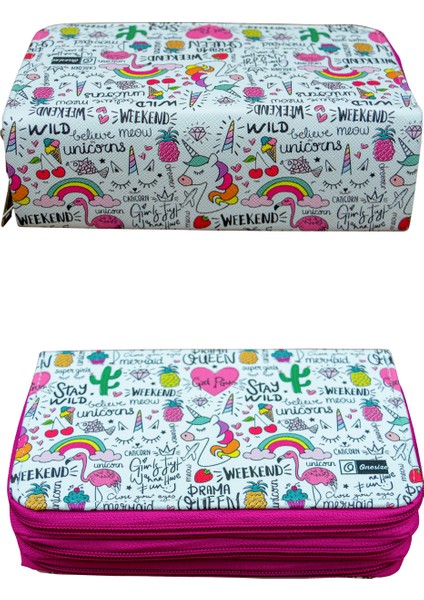 Kalem Kutusu Queen Unicorn Kawaii Orginazer Vegan Deri Üç Bölmeli (Kalemlik) Pembe modelleri