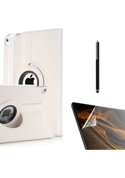 Apple iPad 9.7 2017 5.nesil Uyumlu Kılıf Kapaklı Standlı 360 Dönebilen Koruma DN22 + Nano + Kalem Beyaz
