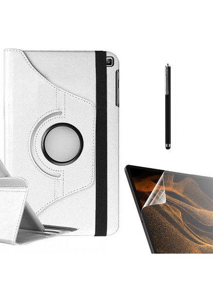 Samsung Galaxy Tab A 8.0 2019 T290 Kılıf Kapaklı Standlı 360 Dönebilen Koruma DN22 + Nano + Kalem Beyaz