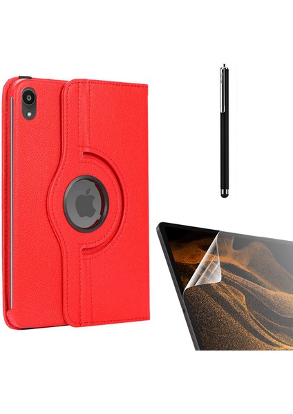 Apple iPad Mini 2021 6.nesil Kılıf Kapaklı Standlı 360 Dönebilen Koruma DN11 + Nano + Kalem Kırmızı
