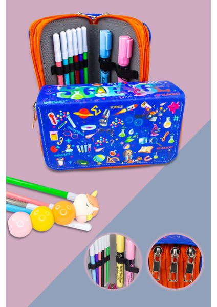 Kalem Kutusu Science Kids Kawaii Desen Orginazer Üç Bölmeli Vegan Deri (Kalemlik)
