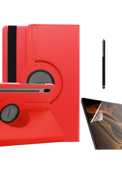 Casestreet Samsung Galaxy Tab S7 Fe T737 Kılıf Kapaklı Standlı 360 Dönebilen Koruma DN22 + Nano + Kalem Kırmızı