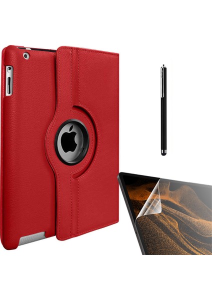 Apple iPad 2 3 4 Kılıf Kapaklı Standlı 360 Dönebilen Koruma DN22 + Nano + Kalem Kırmızı