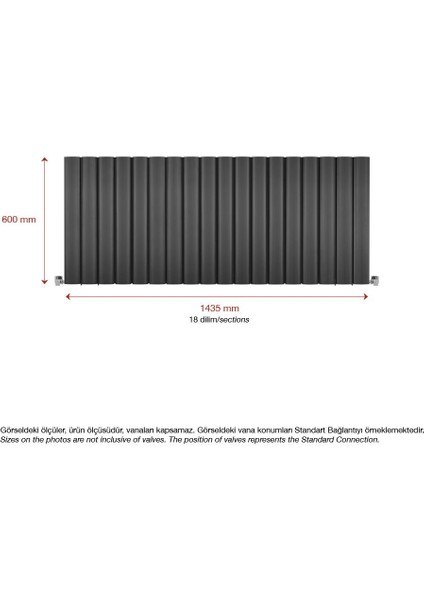 600 x 1435 MM Amber Yatay Antrasit Alüminyum Radyatör Standart Bağlantı