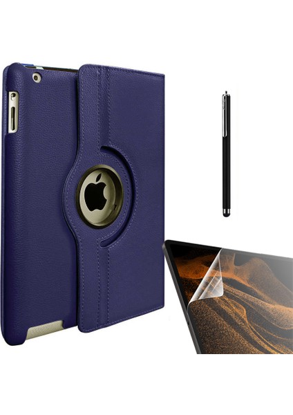 Apple iPad 9.7 2017 Kılıf Kapaklı Standlı 360 Dönebilen Koruma DN22 + Nano + Kalem Lacivert