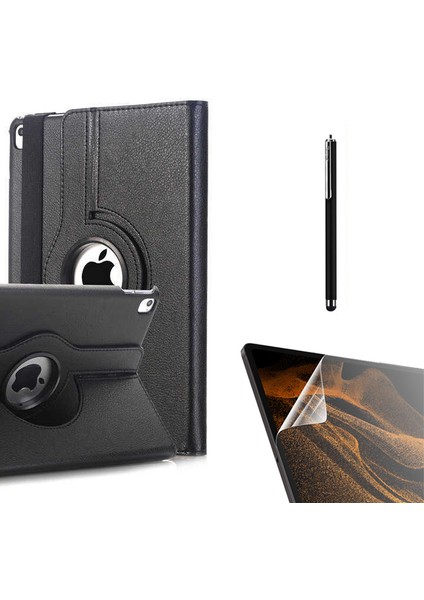 Apple iPad 9.7 2017 5.nesil Uyumlu Kılıf Kapaklı Standlı 360 Dönebilen Koruma DN22 + Nano + Kalem Siyah
