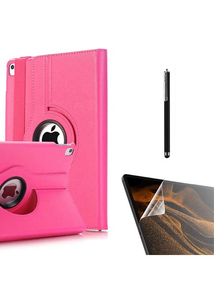 Apple iPad 9.7 2017 5.nesil Kılıf Kapaklı Standlı 360 Dönebilen Koruma DN22 + Nano + Kalem Pembe Koyu