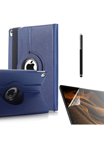 Apple iPad 9.7 2017 5.nesil Kılıf Kapaklı Standlı 360 Dönebilen Koruma DN22 + Nano + Kalem Lacivert