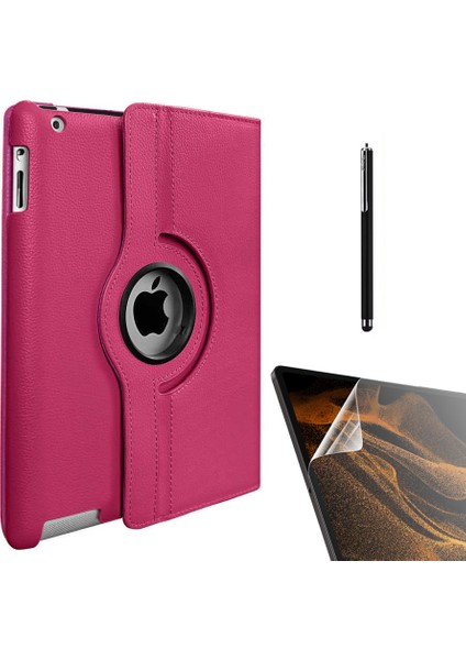 Apple iPad Mini 1 Kılıf Kapaklı Standlı 360 Dönebilen Koruma DN11 + Nano + Kalem Pembe Koyu