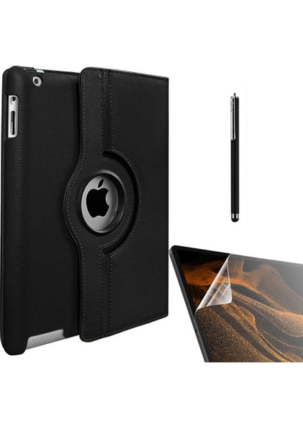 Apple iPad 2 3 4 Uyumlu Kılıf Kapaklı Standlı 360 Dönebilen Koruma DN22 + Nano + Kalem Siyah
