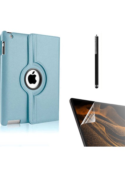 Apple iPad 2 3 4 Kılıf Kapaklı Standlı 360 Dönebilen Koruma DN22 + Nano + Kalem Mavi