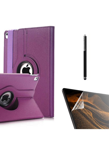 Apple iPad 9.7 2017 5.nesil Kılıf Kapaklı Standlı 360 Dönebilen Koruma DN22 + Nano + Kalem Mor