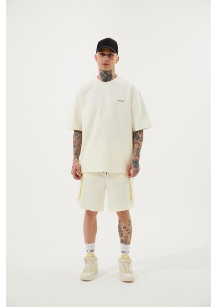 Oversize Kargo Cepli Basic Şort Krem