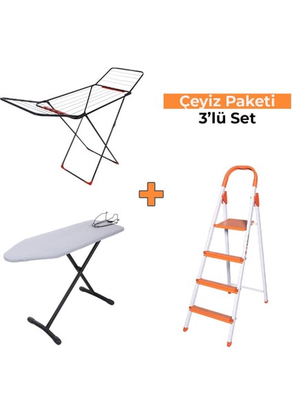 Crown Ütü Masası + Kanat Pro Çamaşır Kurutmalık + Rita Colorful Merdiven 3'lü Set