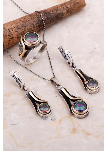 Mistik Topaz Taşlı Tasarım Elişi Gümüş Set 2657