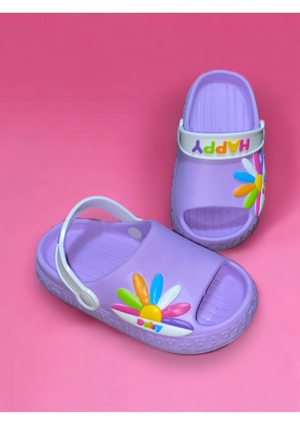 Çocuk Lila Renk Figürlü Yeezy Önü Açık Kaydırmaz Sandalet Crocs Terlik