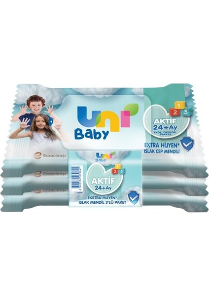 Uni Baby Aktif Ekstra Hijyen Cep Mendil 24+ Ay 3X15 Adet