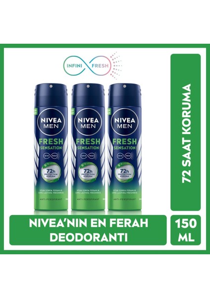Men Fresh Sensation Sprey Deodorant - 72 Saat Anti-Perspirant Koruma, Uzun Süren Ferahlık 150 ml x 3
