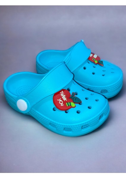 Akım Bebek Çocuk Turkuaz Renkli Thank You Figürlü Kaydırmaz Ortopedik Sandalet Crocs Terlik