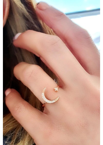 Ayarlanabilir 925AYAR Gümüş Üzerine Rose Altın Kaplama Ay Yıldız Yüzük