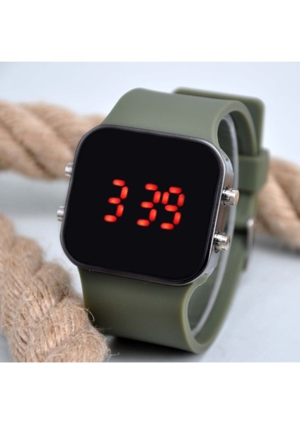 Haki Yeşil Dijital Geniş Silikon Kordonlu Unisex Spor Kasa Genç Kız Kadın Kol Saati SU-031