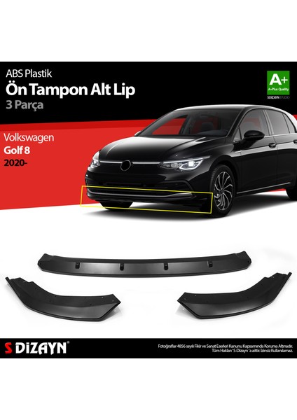 VW Golf 8 ABS Plastik Ön Tampon Alt Lip 3 Prç. 2020-2024 A+Kalite