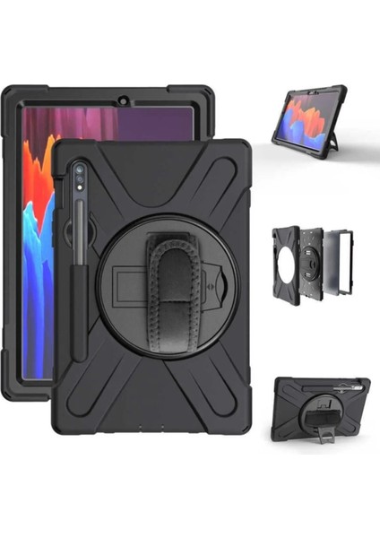 Samsung Galaxy Tab S7 Plus T970 Kılıf Defender Tablet Tank Koruma Standlı DF33 + Nano + Kalem Siyah