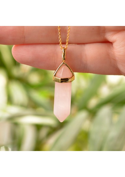 Pembe Kuvars Taşı Kazık Kolye - Altın Renkli