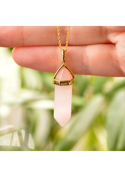 Pembe Kuvars Taşı Kazık Kolye - Altın Renkli fiyatları